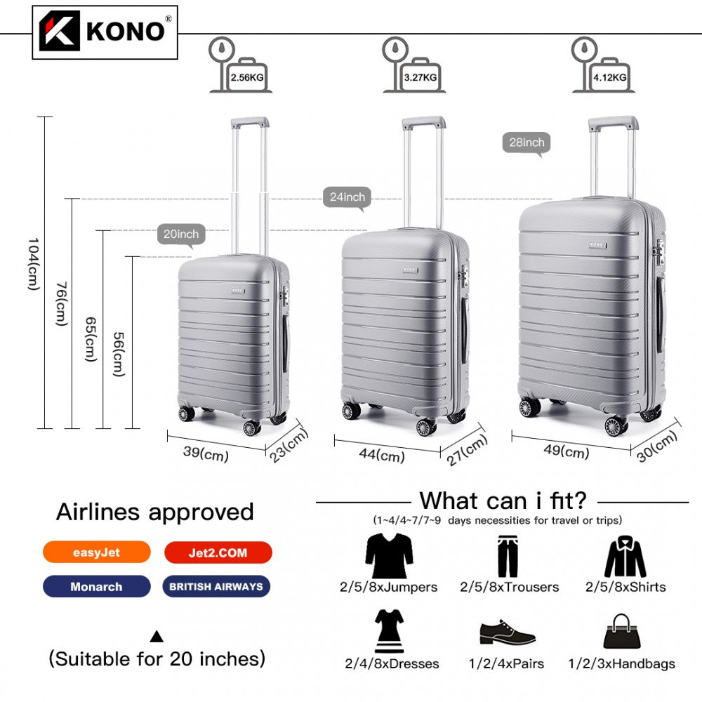 Kono Multi Texture Hard Shell PP Suitcase 3 Pieces Set - Classic Collection - Grey