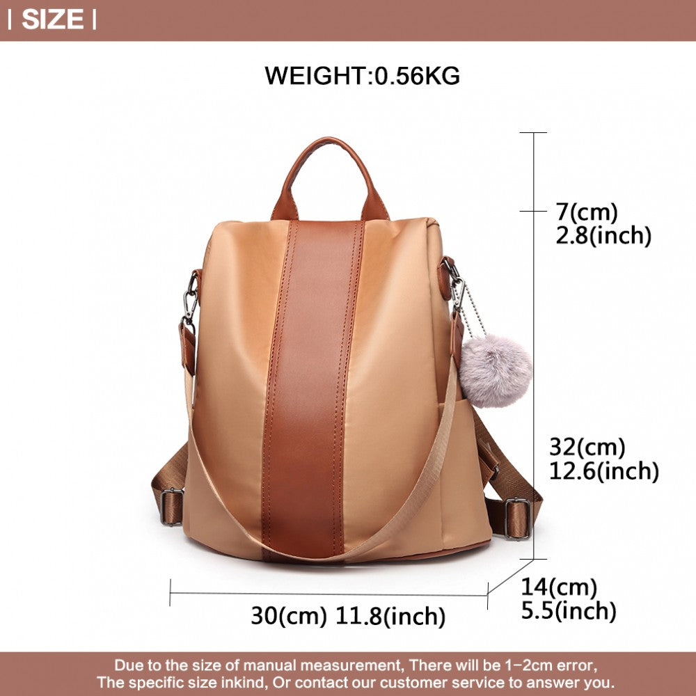 Miss Lulu Two Way Backpack Shoulder Bag With Pom Pom Pendant - Brown