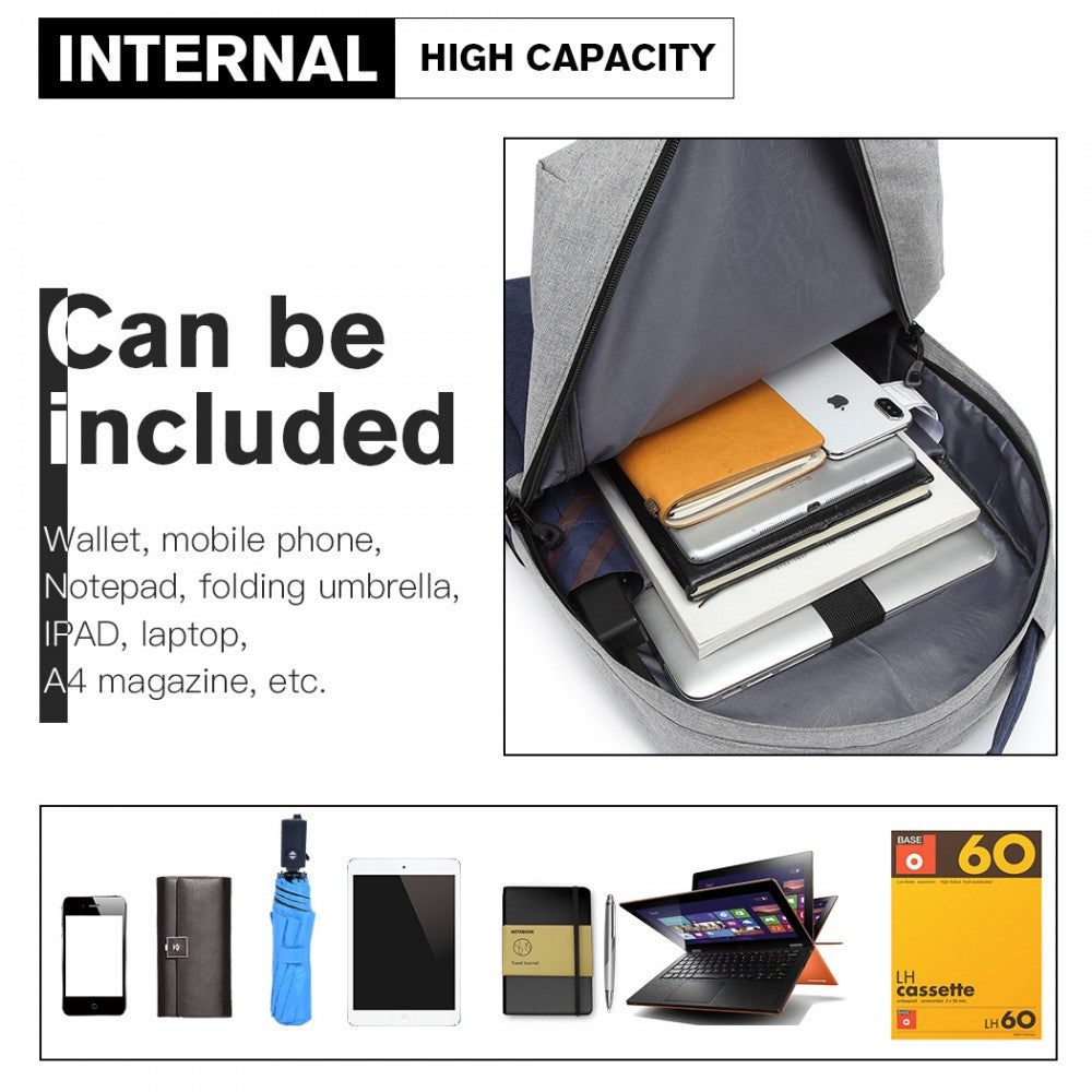 Kono Waterproof Basic Backpack With USB Charging Port - Grey/Blue