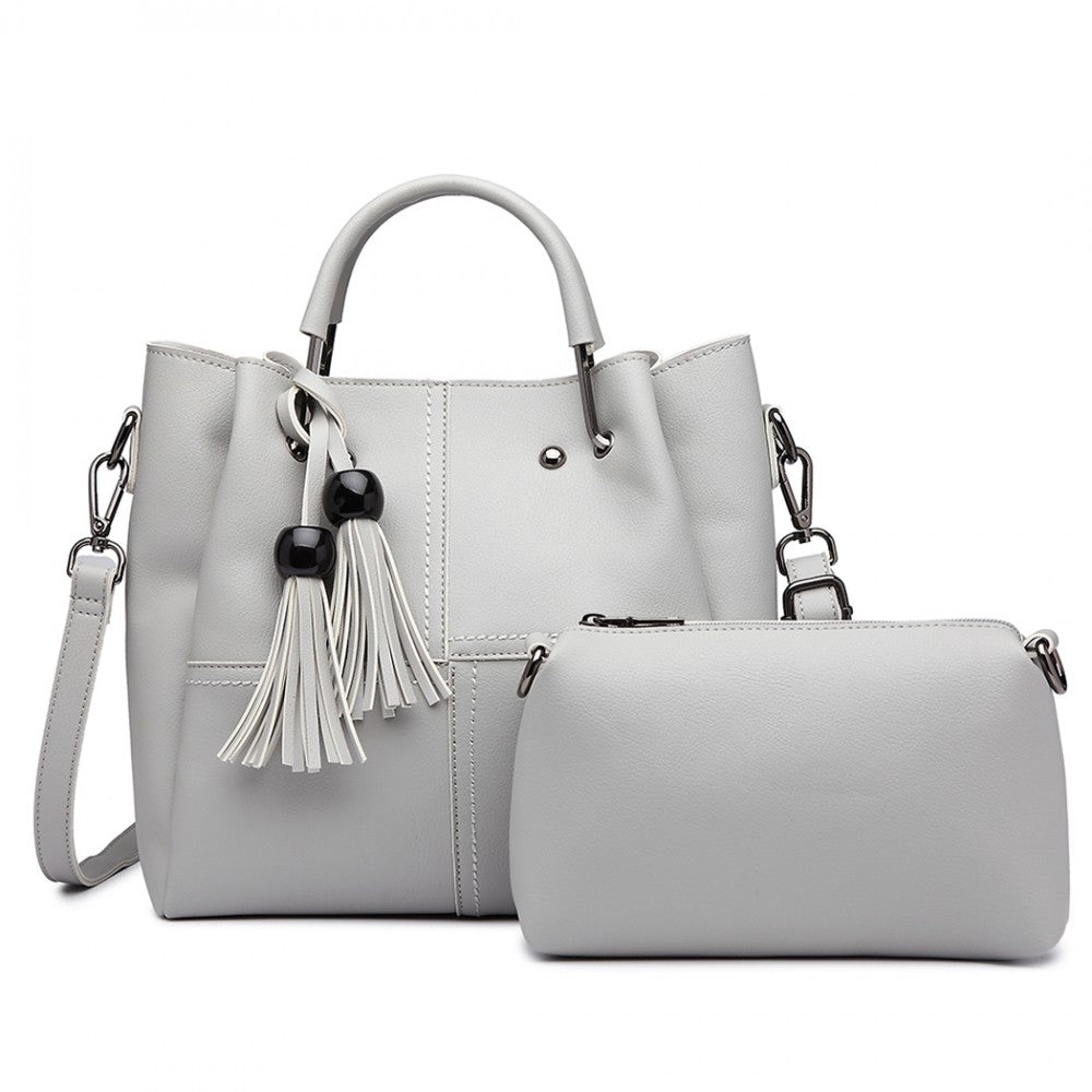 Miss Lulu Leather Look 2 In 1 Bucket Handbag - Grey
