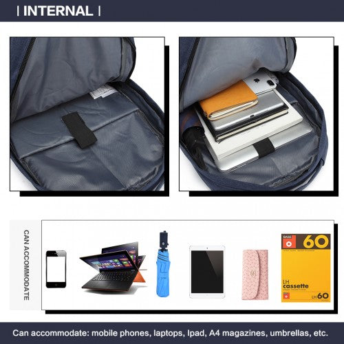Kono Waterproof Basic Backpack With USB Charging Port - Blue