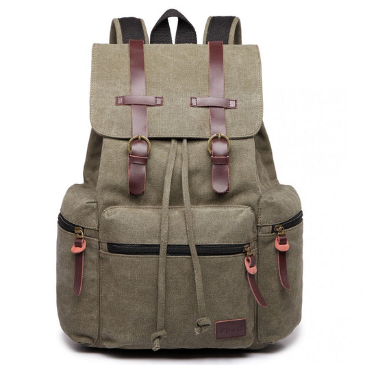 Kono Large Multi Function Leather Details Canvas Backpack Green