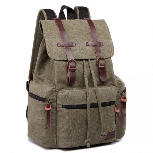 Kono Large Multi Function Leather Details Canvas Backpack Green