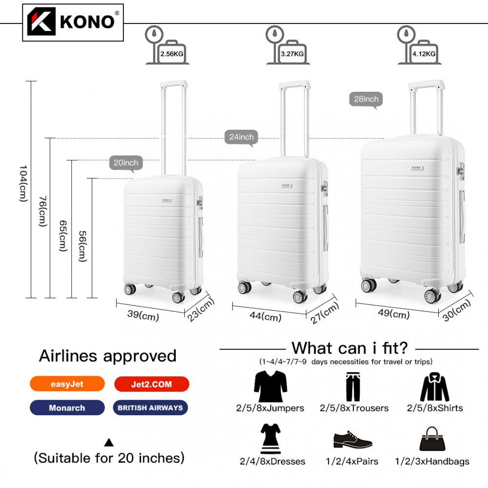 Kono Multi Texture Hard Shell PP Suitcase 3 Pieces Set - Classic Collection - White
