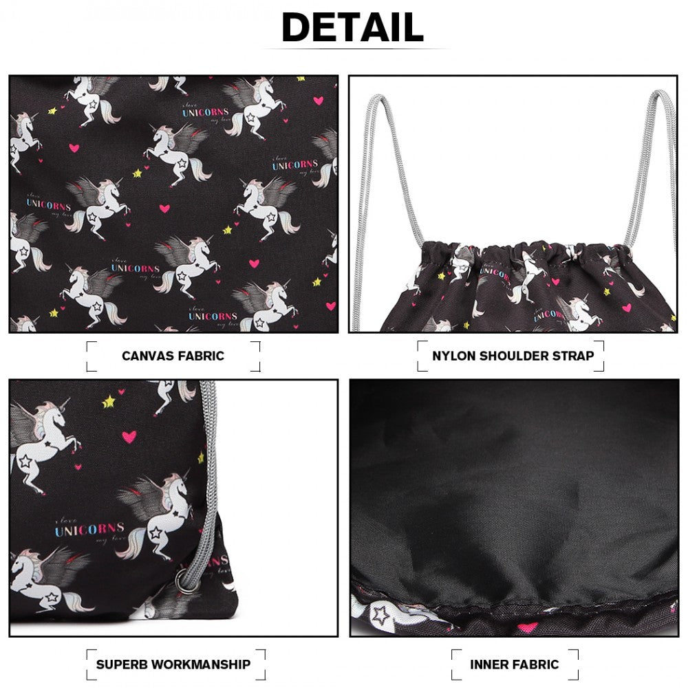 Miss Lulu Unicorn Print Drawstring Backpack - Black