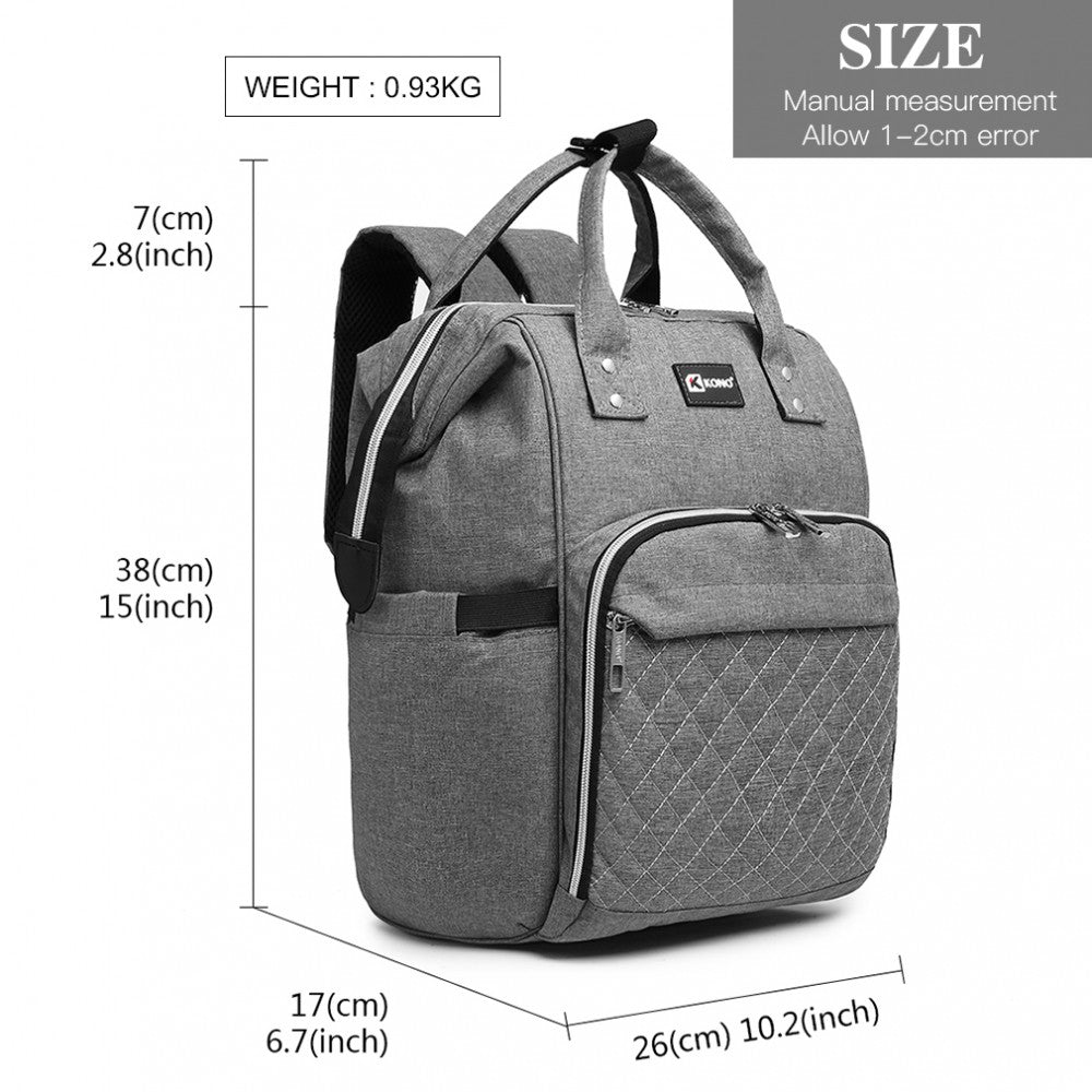 Kono Plain Wide Opening Baby Nappy Changing Backpack With USB Connectivity - Grey