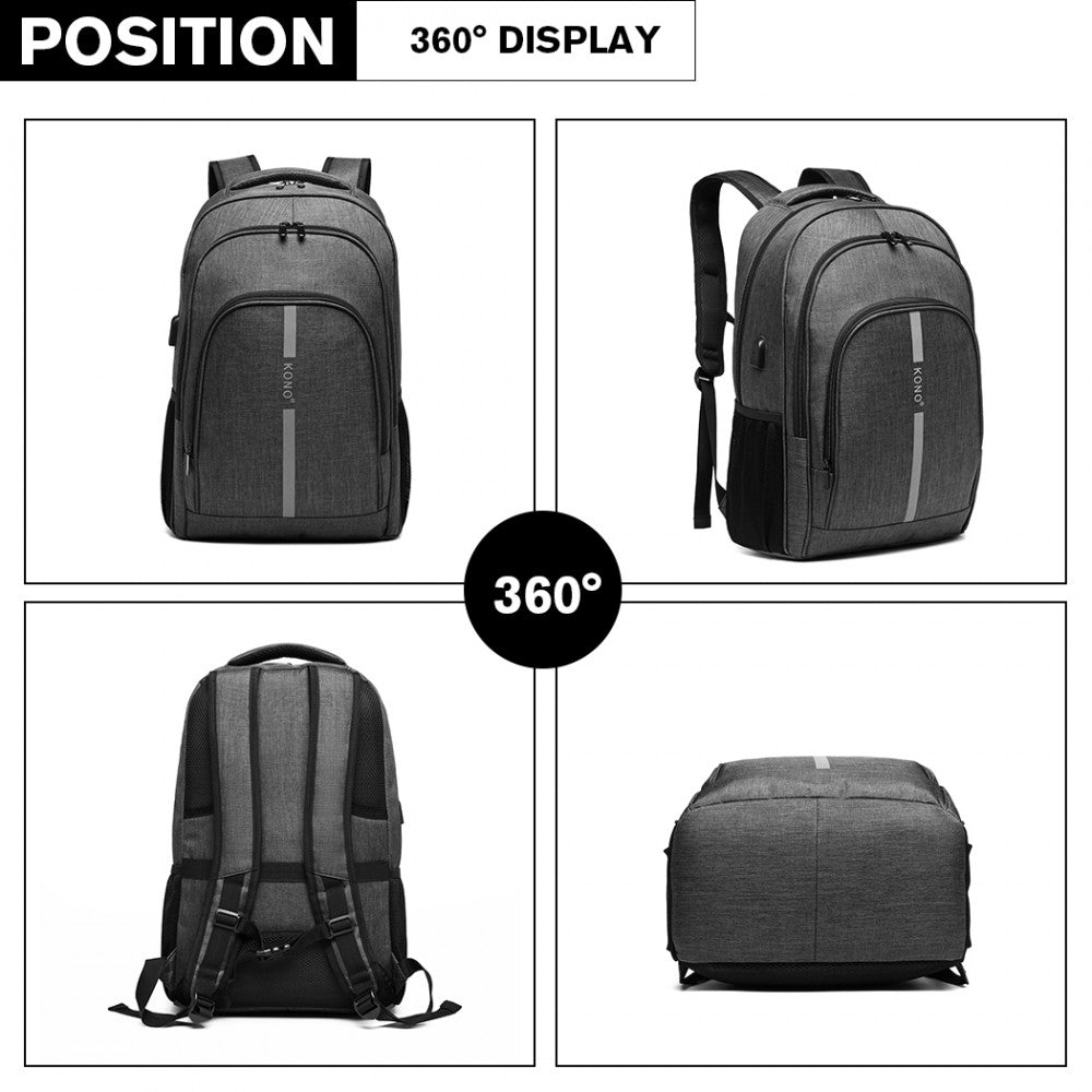 Kono Large Backpack With Reflective Stripe And USB Charging Interface - Grey