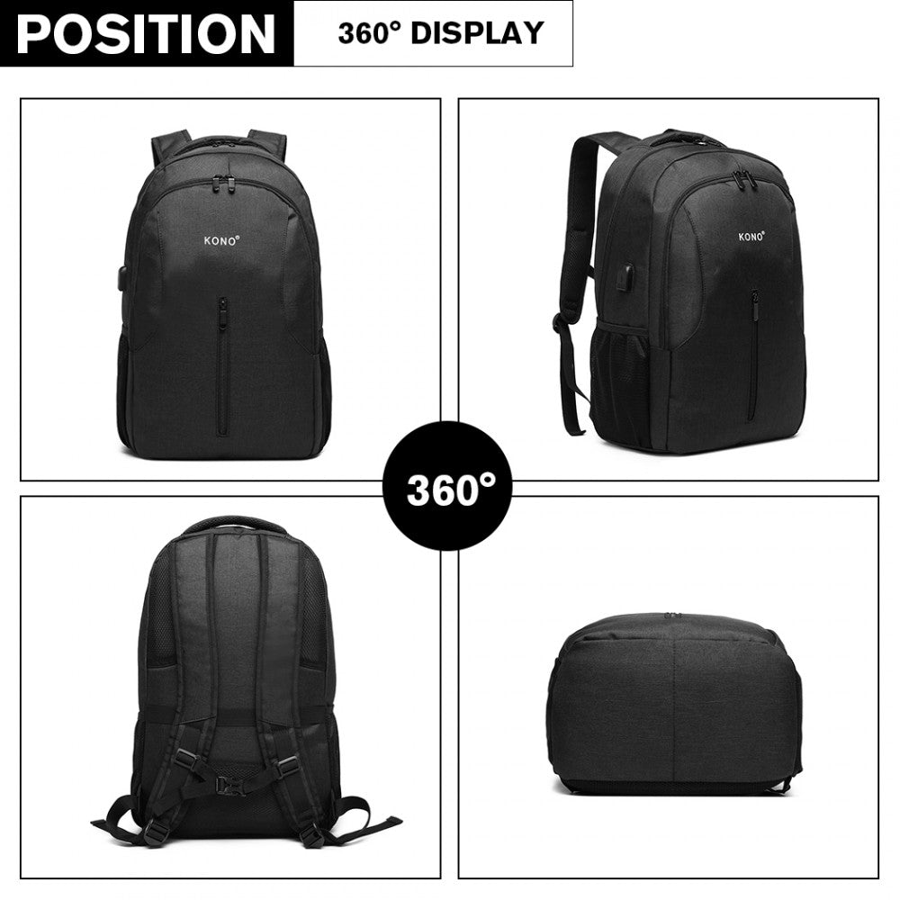 Kono Large Backpack With USB Charging Interface - Black