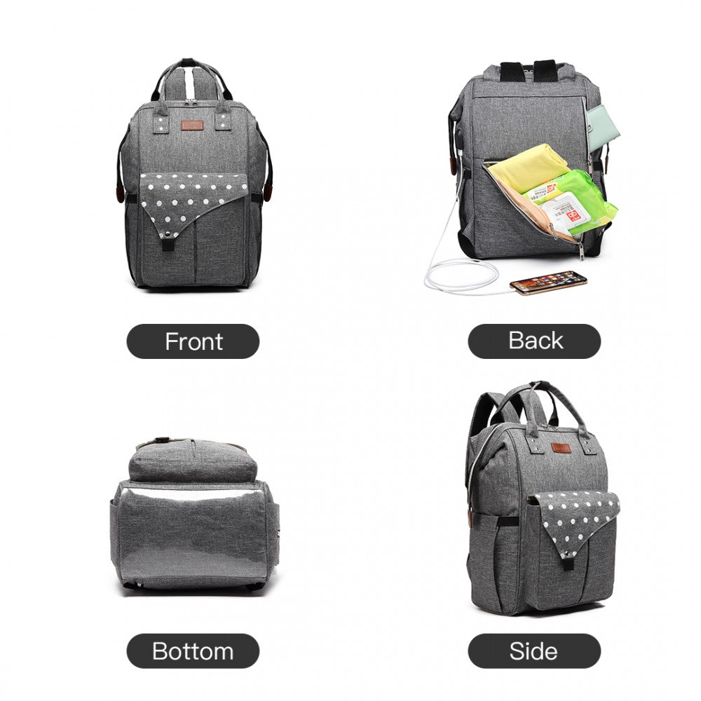 Kono Polka Dot Maternity Backpack Bag With USB Connectivity - Grey
