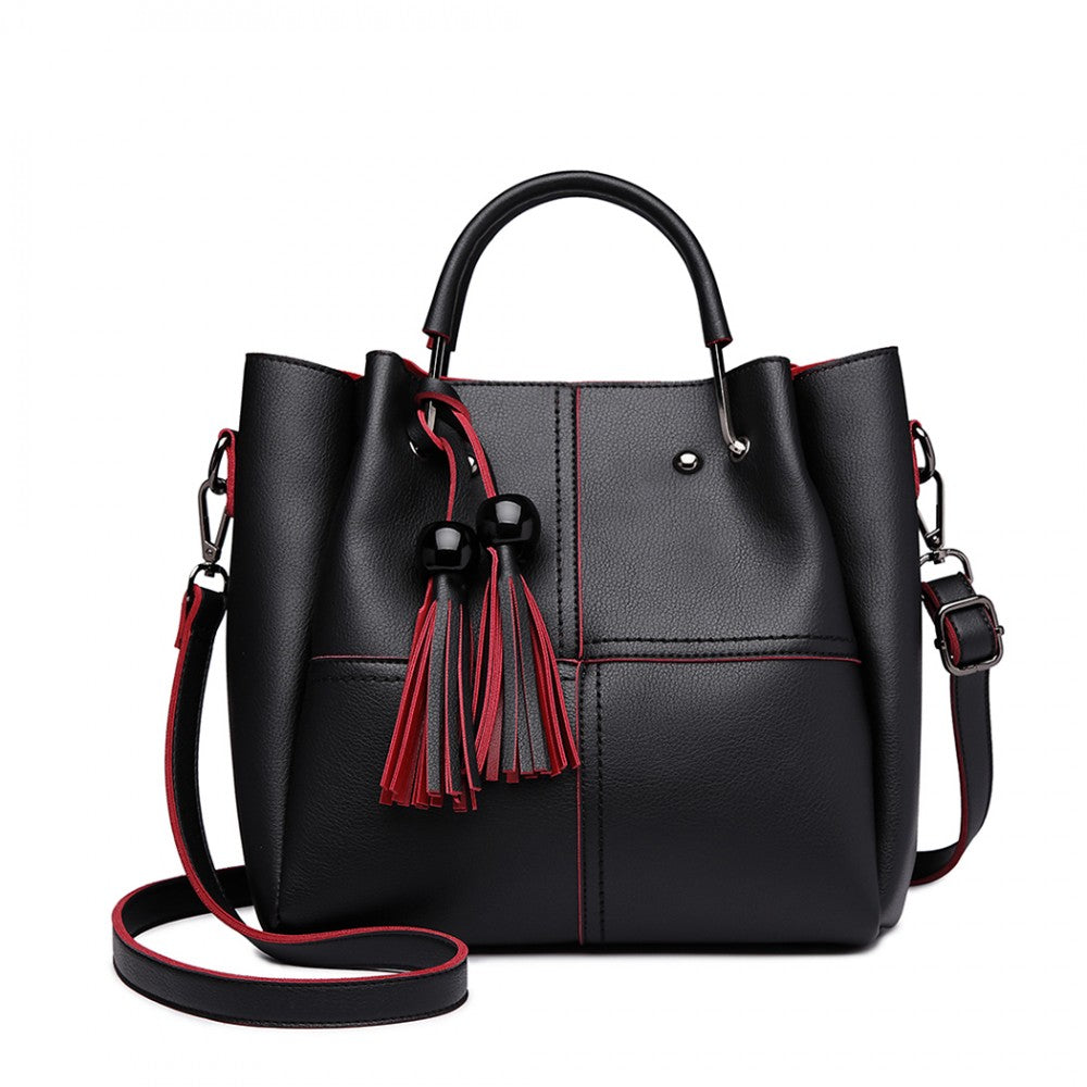 Miss Lulu Leather Look 2 In 1 Bucket Handbag - Black