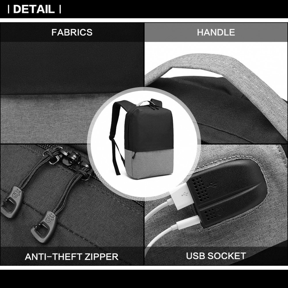 Kono Waterproof Basic Backpack With USB Charging Port - Black/Grey
