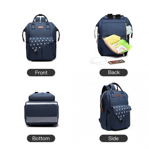 Kono Polka Dot Maternity Backpack Bag With USB Connectivity - Navy
