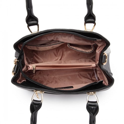 Miss Lulu Leather Look Colour Block Bow Pendant Handbag - Black