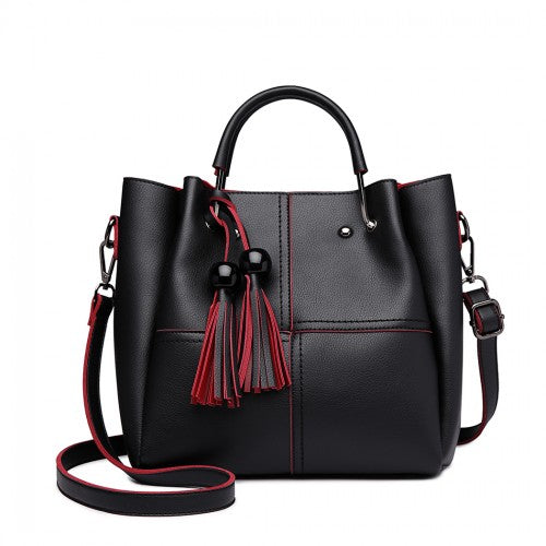 Miss Lulu Leather Look 2 In 1 Bucket Handbag - Black