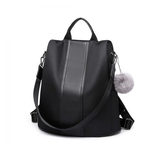 Miss Lulu Two Way Backpack Shoulder Bag With Pom Pom Pendant - Black