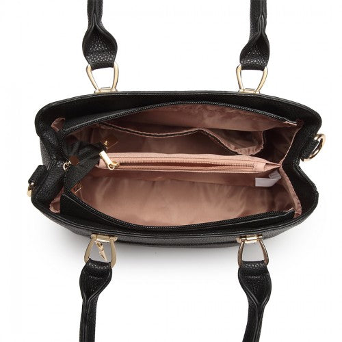 Miss Lulu Leather Look Weave Effect Shoulder Bag - Black