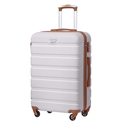 COOLIFE Suitcase Trolley Carry On Hand Cabin Luggage Hard Shell Travel Bag Lightweight with TSA Lock and 2 Year Warranty Durable 4 Spinner Wheels (White/Brown, M(67cm 60L))