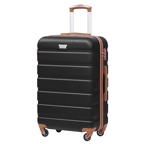 COOLIFE Suitcase Trolley Carry On Hand Cabin Luggage Hard Shell Travel Bag Lightweight with TSA Lock and 2 Year Warranty Durable 4 Spinner Wheels (Black/Brown, S(56cm 38L))