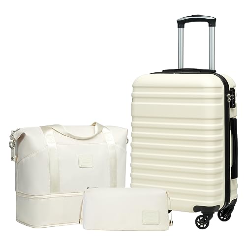 COOLIFE Suitcase Trolley Carry On Hand Cabin Luggage Hard Shell Travel Bag Lightweight with TSA Lock,The Suitcase Included 1pcs Travel Bag and 1pcs Toiletry Bag (White, 20 Inch Luggage Set)