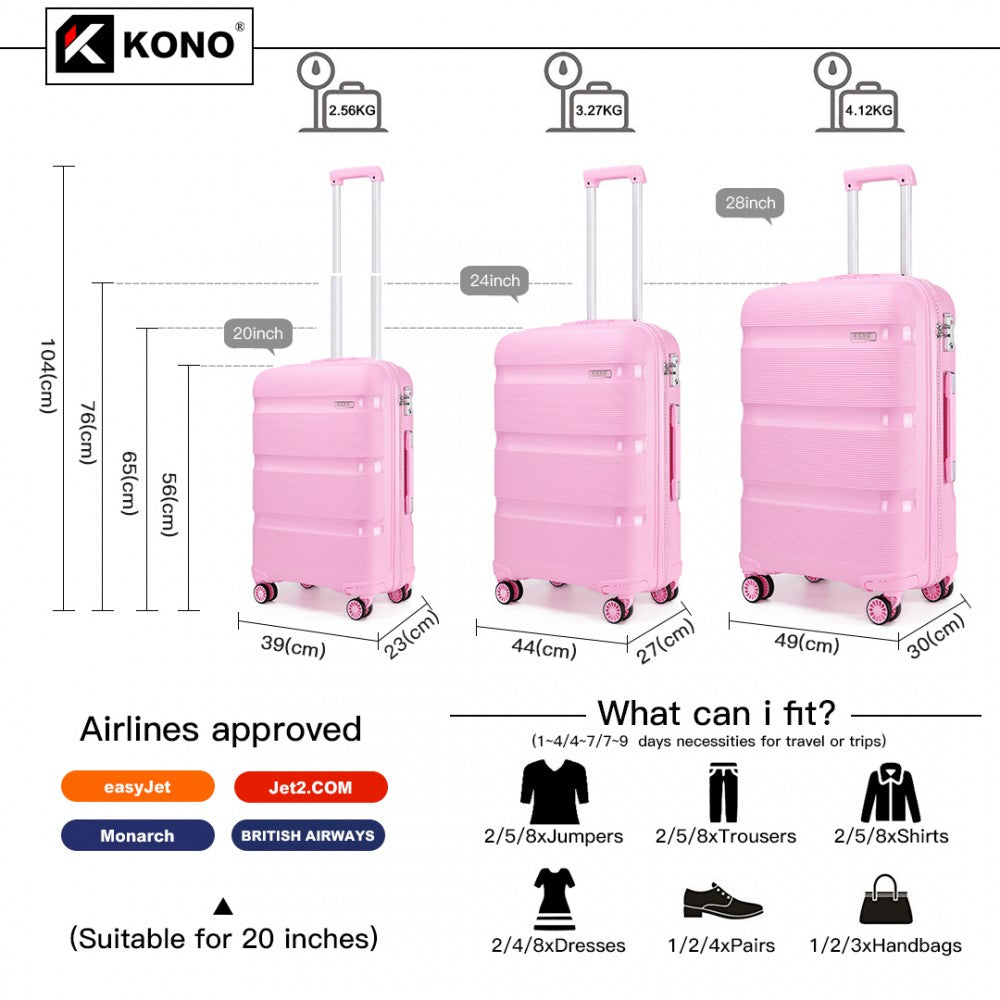 Kono Bright Hard Shell PP Suitcase 3 Pieces Set - Classic Collection - Pink