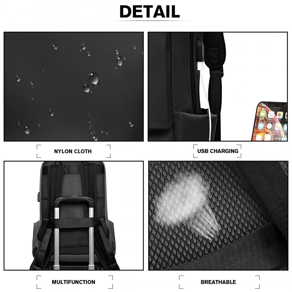 Kono Water Resistant Travel Backpack With USB Charging Port - Balck