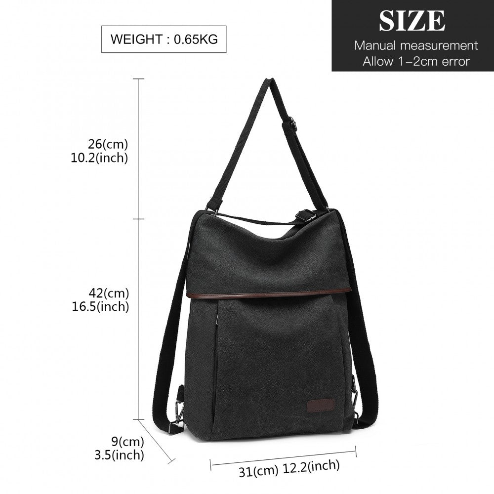 Kono Two Way Canvas Shoulder Bag Backpack - Black