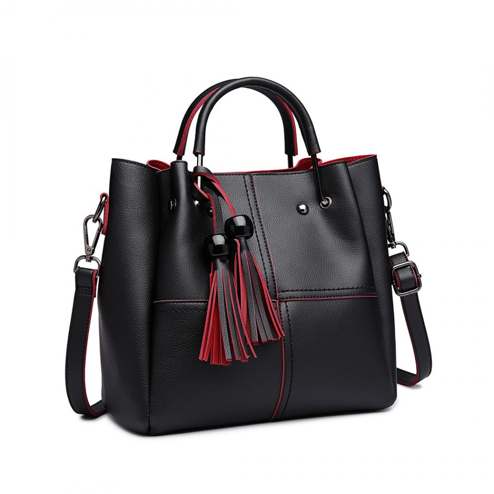 Miss Lulu Leather Look 2 In 1 Bucket Handbag - Black