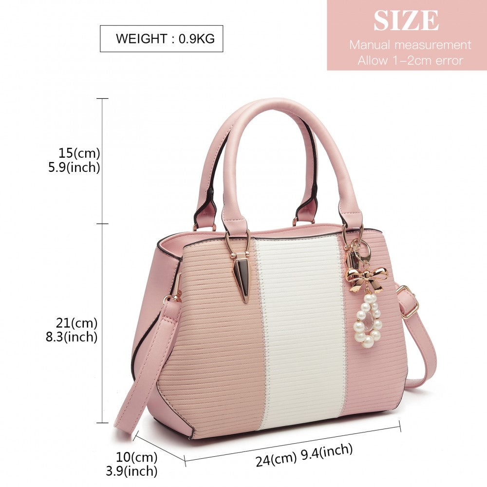 Miss Lulu Leather Look Colour Block Bow Pendant Handbag - Pink