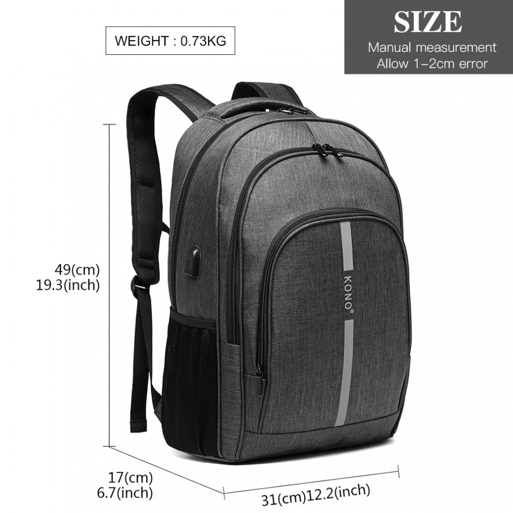 Kono Large Backpack With Reflective Stripe And USB Charging Interface - Grey