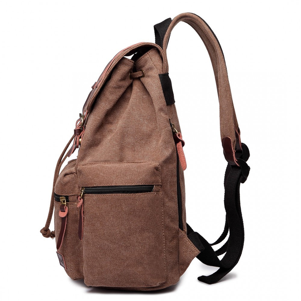 Kono Large Multi Function Leather Details Canvas Backpack Coffee