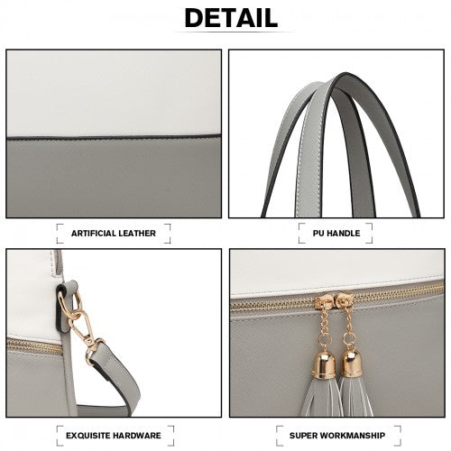 Miss Lulu 3 Piece Leather Look Tote Bag Set - Grey And White