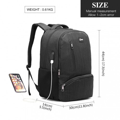 Kono Multi Compartment Backpack With USB Connectivity - Black