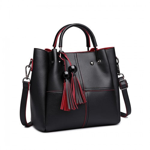 Miss Lulu Leather Look 2 In 1 Bucket Handbag - Black