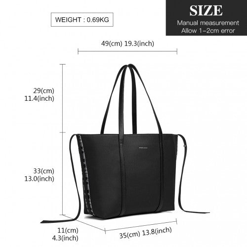 Miss Lulu Leather Look Two Way Tote Shoulder Bag - Black