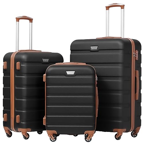 COOLIFE Suitcase Trolley Carry On Hand Cabin Luggage Hard Shell Travel Bag Lightweight with TSA Lock and 2 Year Warranty Durable 4 Spinner Wheels (Black/Brown, 3 Pcs Set)