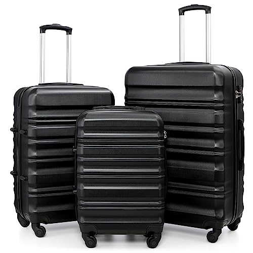 COOLIFE Suitcase Trolley Carry On Hand Cabin Luggage Hard Shell Travel Bag Lightweight with TSA Lock and 2 Year Warranty Durable 4 Spinner Wheels (3 Pcs Set, Black)