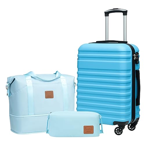 COOLIFE Suitcase Trolley Carry On Hand Cabin Luggage Hard Shell Travel Bag Lightweight with TSA Lock,The Suitcase Included 1pcs Travel Bag and 1pcs Toiletry Bag (Sky Blue, 20 Inch Luggage Set)