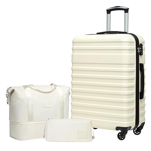 COOLIFE Suitcase Trolley Carry On Hand Cabin Luggage Hard Shell Travel Bag Lightweight with TSA Lock,The Suitcase Included 1pcs Travel Bag and 1pcs Toiletry Bag (White, 24 Inch Luggage Set)