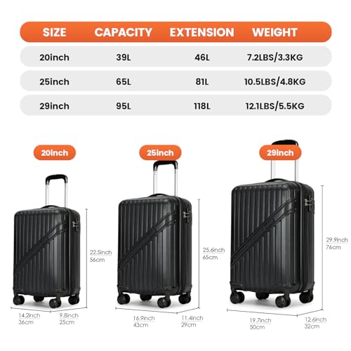 PRIMICIA GinzaTravel Luggage Sets 3-Piece Expandable Suitcases with Wheels PC+ABS Durable Hardside Luggage sets TSA lock, Elegant Black, 3-Piece Set(20"/25"/29"), Suitcase Spinner Wheels