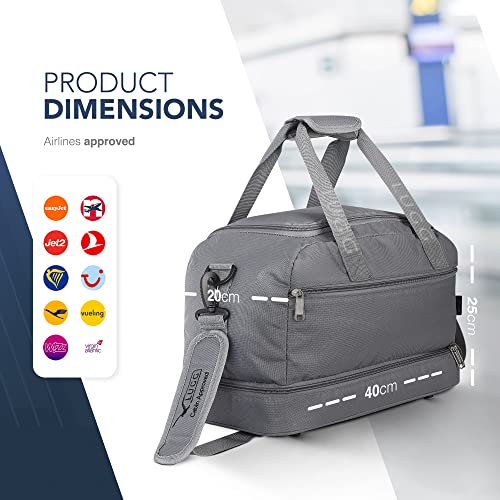 Lugg Hand Cabin Bag - Polyester Travel Bag, 40 x 20 x 25 cm, Suitable Hand Luggage for Worldwide Airlines - Lockable Zipper, Quick Access Zip Pocket with Adjustable Shoulder Strap and Handle (Grey)