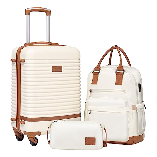 COOLIFE Suitcase Trolley Carry On Hand Cabin Luggage Hard Shell Travel Bag Lightweight with TSA Lock,The Suitcase Included 1pcs Travel Backpack and 1pcs Toiletry Bag (White/Brown, 20 Inch Luggage Set)