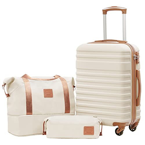 COOLIFE Suitcase Trolley Carry On Hand Cabin Luggage Set with TSA Lock, Hard Shell Lightweight Included 1pcs Travel Bag and 1pcs Toiletry Bag (White/Brown, 20 Inch)