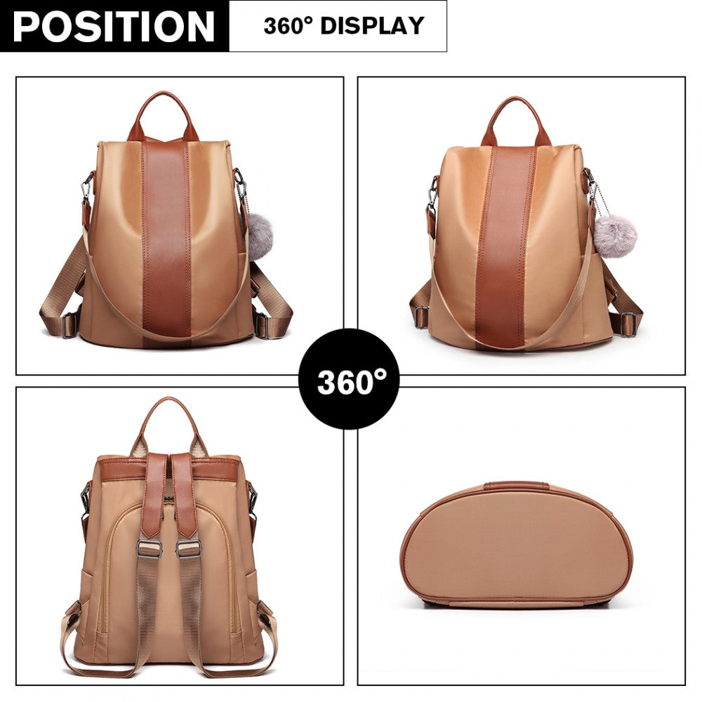 Miss Lulu Two Way Backpack Shoulder Bag With Pom Pom Pendant - Brown