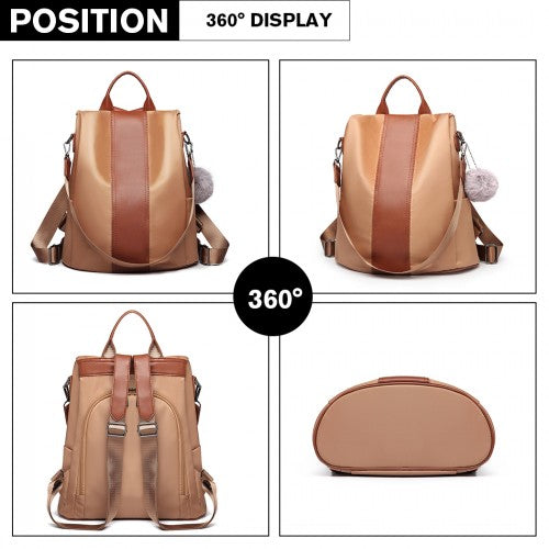 Miss Lulu Two Way Backpack Shoulder Bag With Pom Pom Pendant - Brown