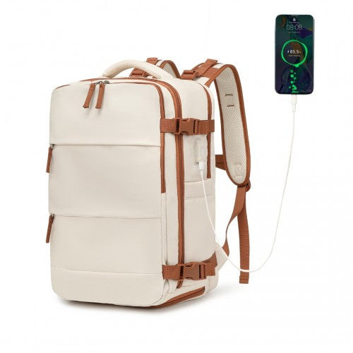 Kono Multifunctional Breathable Travel Backpack With USB Charging Port And Separate Shoe Compartment - Beige And Brown