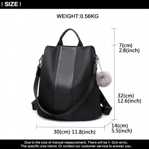 Miss Lulu Two Way Backpack Shoulder Bag With Pom Pom Pendant - Black