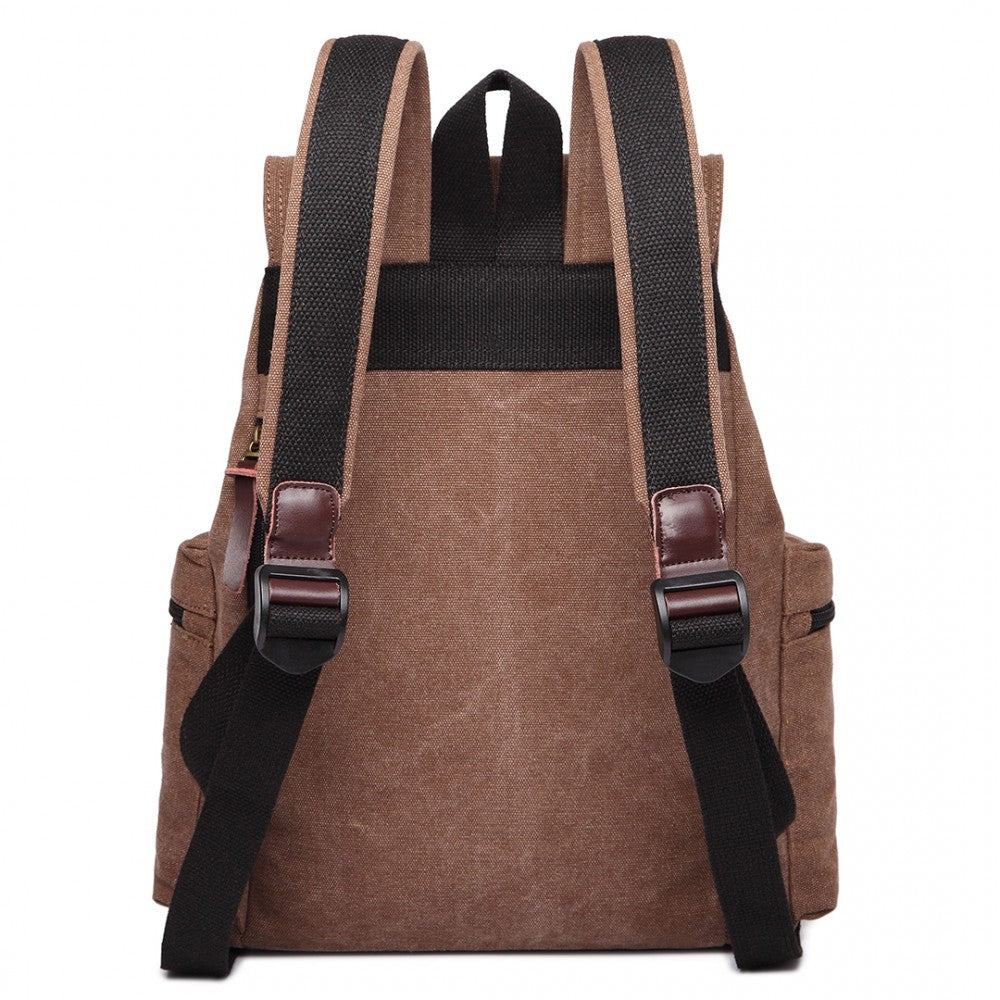 Kono Large Multi Function Leather Details Canvas Backpack Coffee