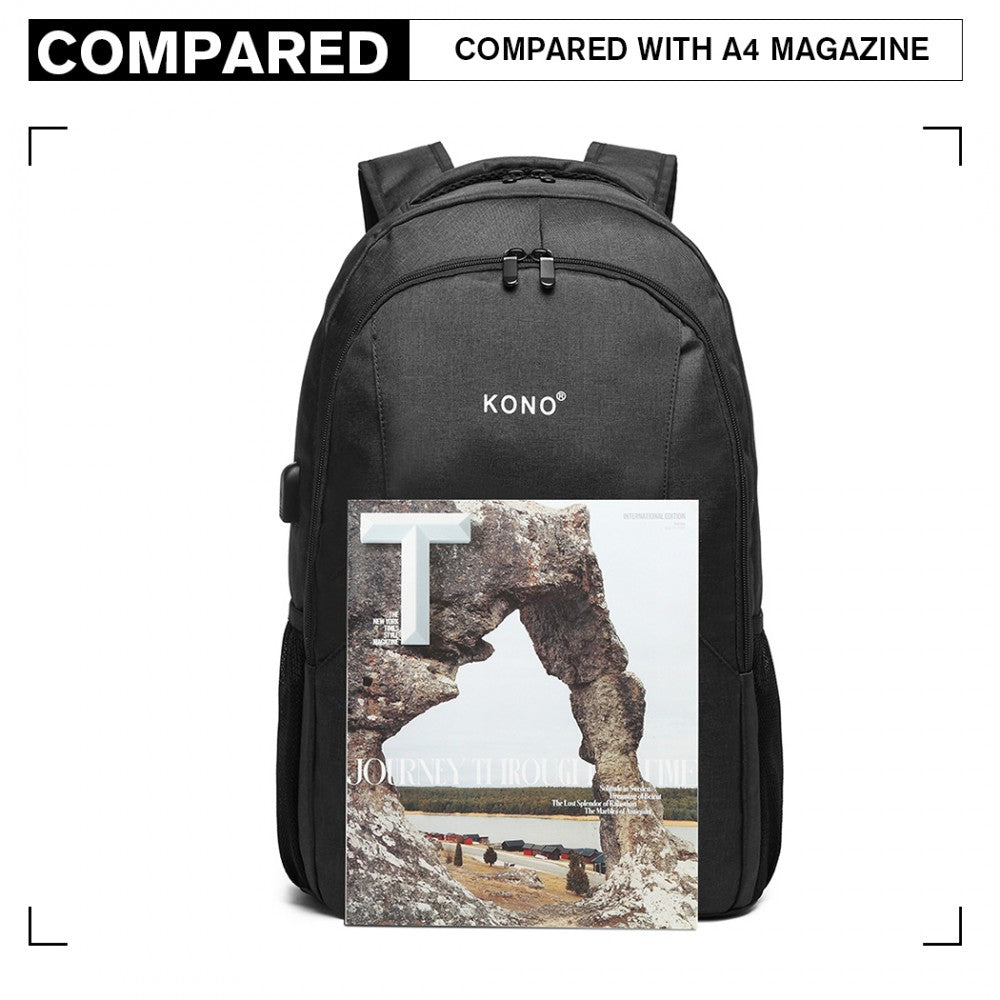 Kono Large Backpack With USB Charging Interface - Black