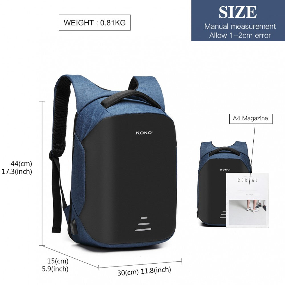 Kono Reflective USB Charging Interface Backpack - Navy