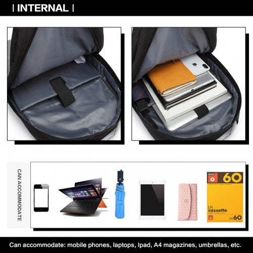 Kono Waterproof Basic Backpack With USB Charging Port - Black/Grey